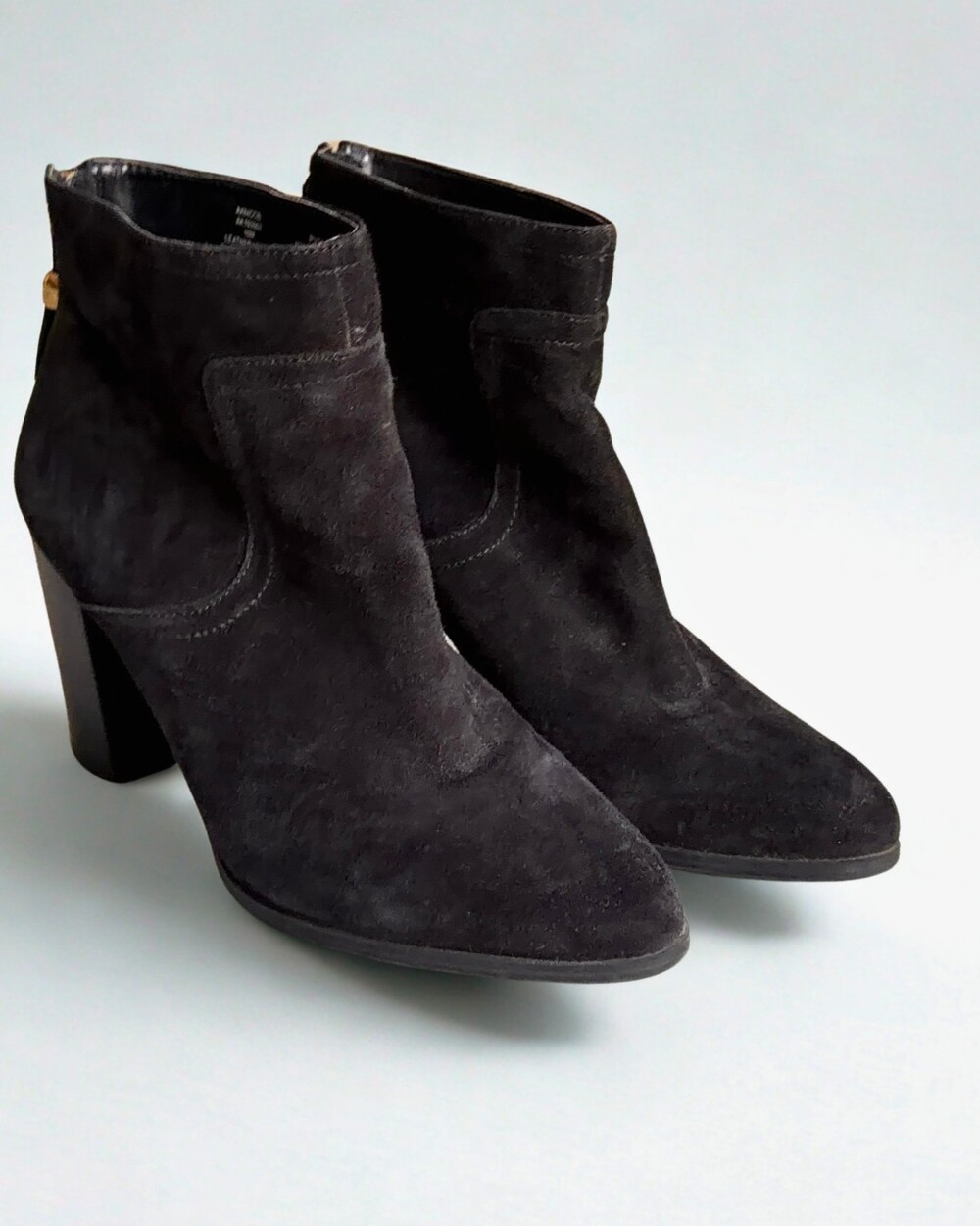 Anne Klein Black Leather Ankle Boots 10M Block Heel Tassel Zip Booties
